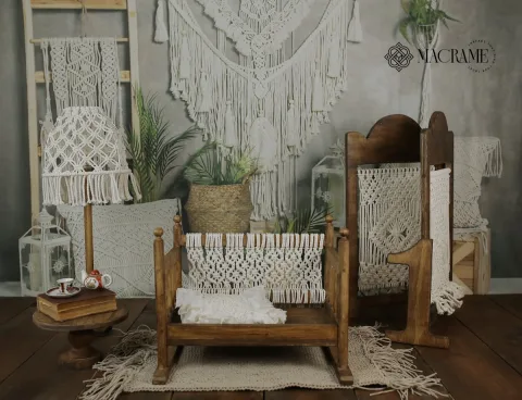 Boho-style Cozy macrame interior home décor with wall hangings, chair covers, lamp shade, & cotton macrame accessories.